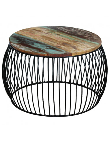 Tavolino da Salotto Rotondo Legno Massello di Recupero 68x37 cm