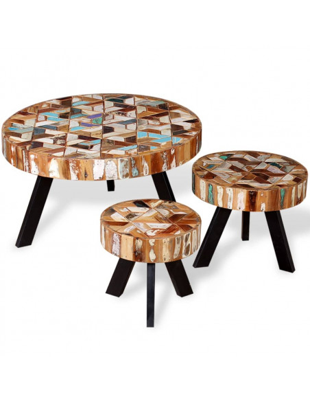 Set Tavolino da Salotto 3 pz in Legno Massello Riciclato