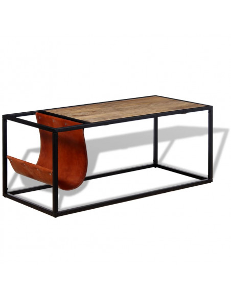 Tavolino da Salotto in Vera Pelle con Portariviste 110x50x45 cm