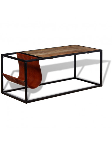 Tavolino da Salotto in Vera Pelle con Portariviste 110x50x45 cm
