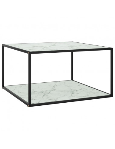 Tavolino Nero con Vetro Bianco Marmorizzato 90x90x50 cm