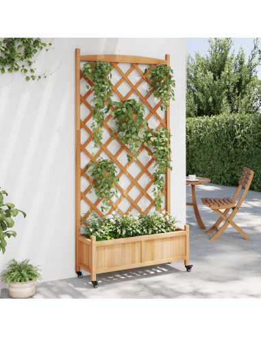 Fioriera con Traliccio e Ruote Marrone Legno Massello di Abete