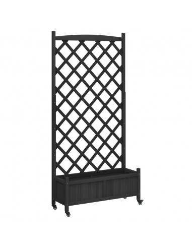 Fioriera con Traliccio e Ruote Nera in Legno Massello di Abete