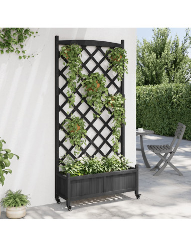 Fioriera con Traliccio e Ruote Nera in Legno Massello di Abete