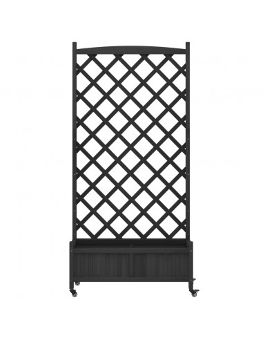 Fioriera con Traliccio e Ruote Nera in Legno Massello di Abete