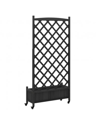 Fioriera con Traliccio e Ruote Nera in Legno Massello di Abete