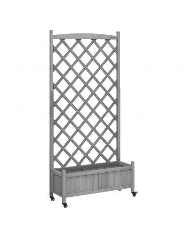 Fioriera con Traliccio e Ruote Grigia Legno Massello di Abete