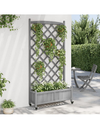 Fioriera con Traliccio e Ruote Grigia Legno Massello di Abete