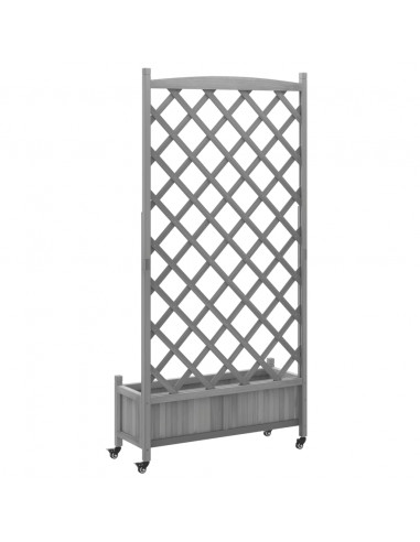 Fioriera con Traliccio e Ruote Grigia Legno Massello di Abete