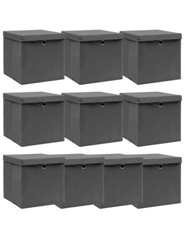 Scatole Portaoggetti con Coperchi 10pz Grigi 32x32x32cm Tessuto