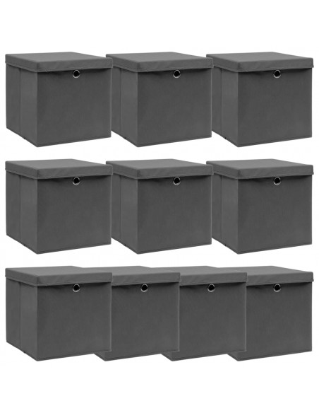 Scatole Portaoggetti con Coperchi 10pz Grigi 32x32x32cm Tessuto
