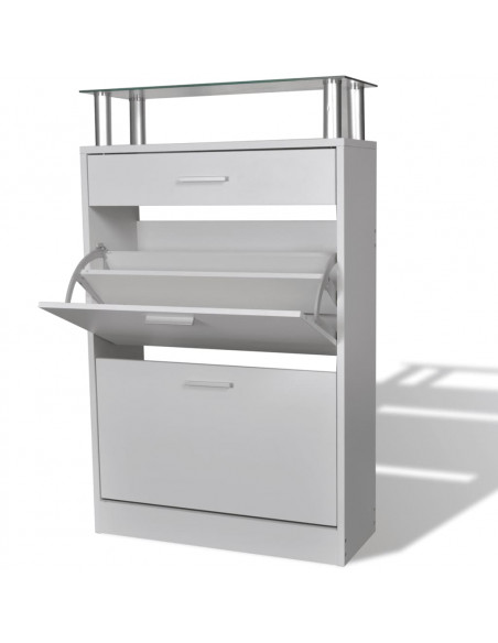Scarpiera con Cassetto e Mensola Vetro Sopra in Legno Bianco