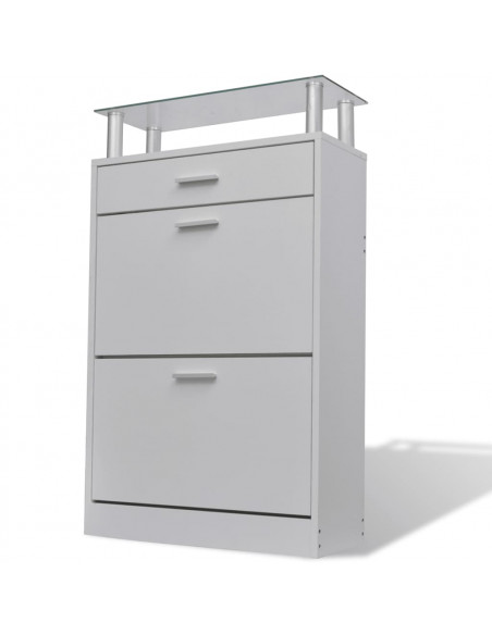 Scarpiera con Cassetto e Mensola Vetro Sopra in Legno Bianco