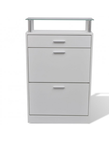 Scarpiera con Cassetto e Mensola Vetro Sopra in Legno Bianco