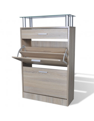 Scarpiera con 1 Cassetto e Mensola Vetro Sopra in Legno Rovere