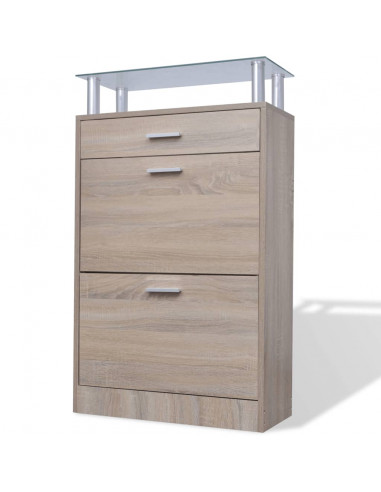 Scarpiera con 1 Cassetto e Mensola Vetro Sopra in Legno Rovere