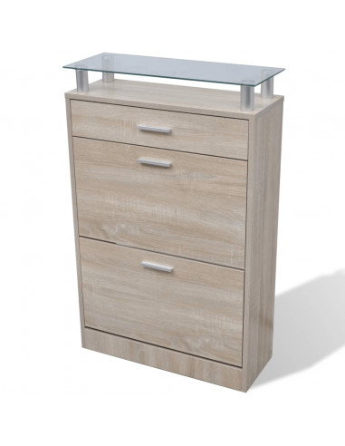 Scarpiera con 1 Cassetto e Mensola Vetro Sopra in Legno Rovere