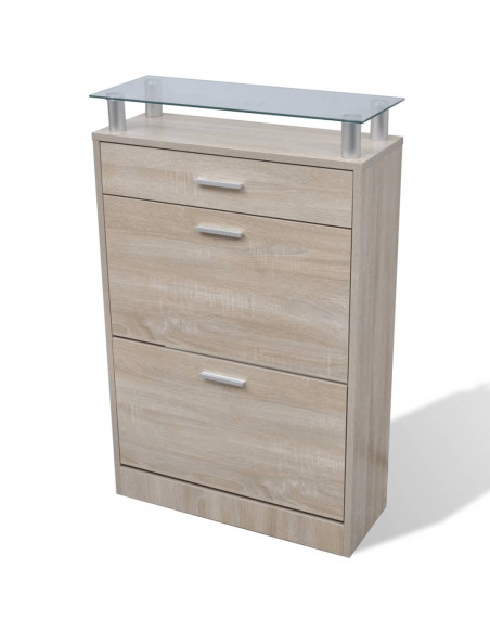 Scarpiera con 1 Cassetto e Mensola Vetro Sopra in Legno Rovere