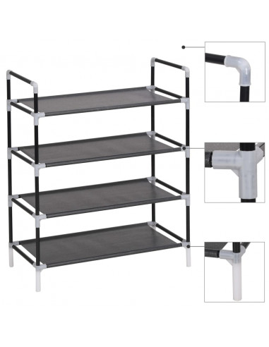Scarpiera con 4 Ripiani in Metallo e Tessuto non Tessuto Nero