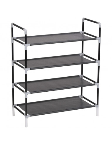 Scarpiera con 4 Ripiani in Metallo e Tessuto non Tessuto Nero