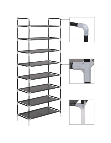 Scarpiera con 8 Ripiani in Metallo e Tessuto non Tessuto Nero