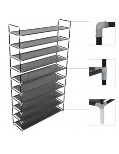 Scarpiera con 10 Ripiani in Metallo e Tessuto non Tessuto Nero 2