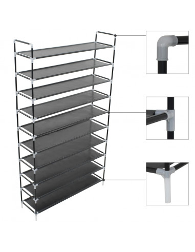 Scarpiera con 10 Ripiani in Metallo e Tessuto non Tessuto Nero