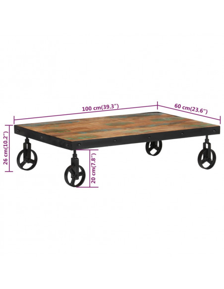 Tavolino Salotto e Ruote 100x60x26cm Legno Massello di Recupero