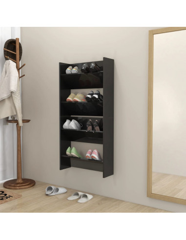 Scarpiere a Muro 2pz Nero Lucido 60x18x60cm Legno Multistrato