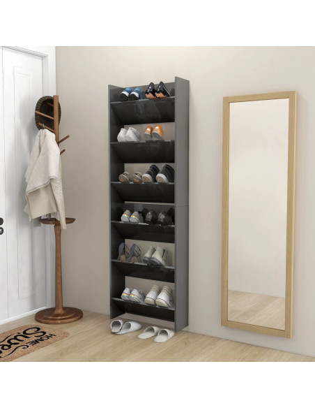 Scarpiere a Muro 2pz Grigio Lucido 60x18x90cm Legno Multistrato