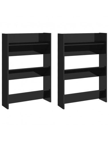 Scarpiere a Muro 2pz Nero Lucido 60x18x90cm Legno Multistrato