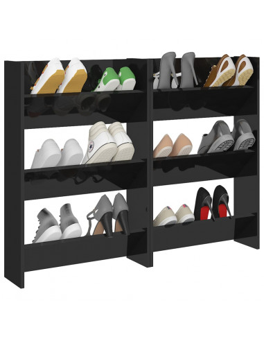 Scarpiere a Muro 2pz Nero Lucido 60x18x90cm Legno Multistrato