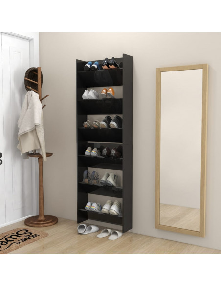 Scarpiere a Muro 2pz Nero Lucido 60x18x90cm Legno Multistrato