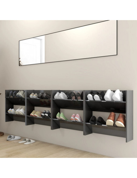 Scarpiere a Muro 4pz Grigio Lucido 60x18x60cm Legno Multistrato