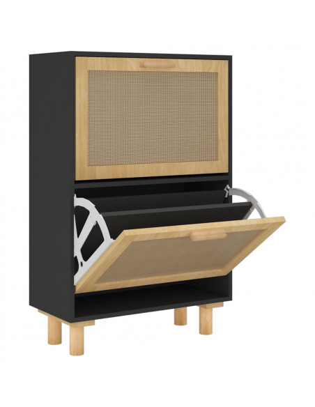 Scarpiera Nero 52x25x80cm Legno Multistrato e Rattan Naturale