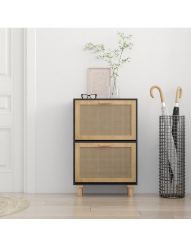 Scarpiera Nero 52x25x80cm Legno Multistrato e Rattan Naturale