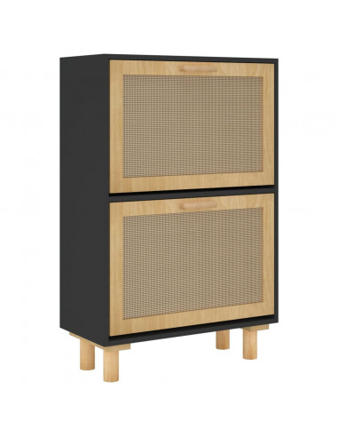 Scarpiera Nero 52x25x80cm Legno Multistrato e Rattan Naturale