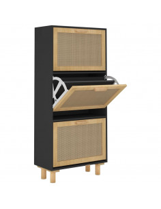 Scarpiera Nero 52x25x115cm Legno Multistrato e Rattan Naturale 2