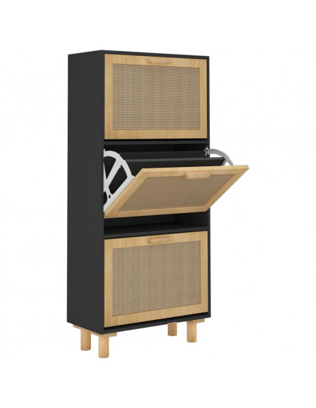 Scarpiera Nero 52x25x115cm Legno Multistrato e Rattan Naturale