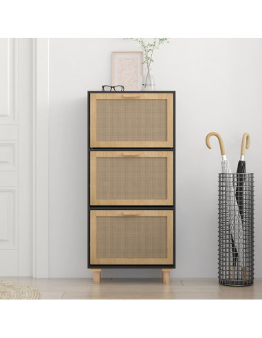 Scarpiera Nero 52x25x115cm Legno Multistrato e Rattan Naturale