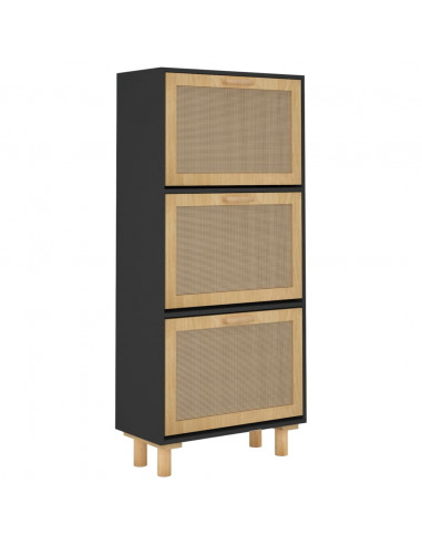 Scarpiera Nero 52x25x115cm Legno Multistrato e Rattan Naturale