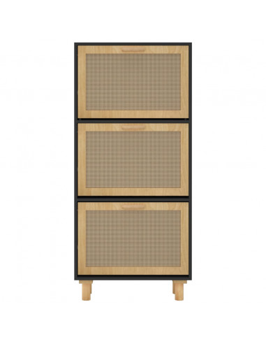 Scarpiera Nero 52x25x115cm Legno Multistrato e Rattan Naturale