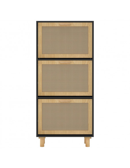 Scarpiera Nero 52x25x115cm Legno Multistrato e Rattan Naturale