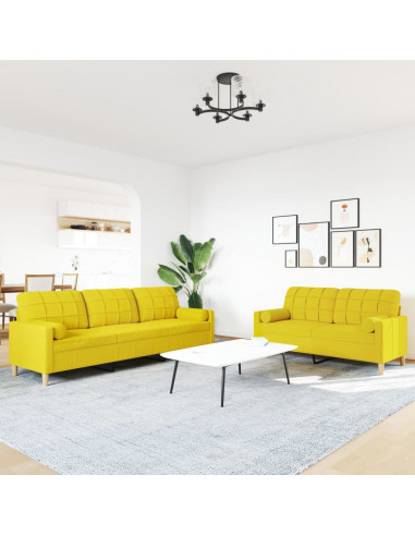 Set di Divani 2 pz con Cuscini Giallo Chiaro in Tessuto