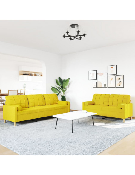 Set di Divani 2 pz con Cuscini Giallo Chiaro in Tessuto