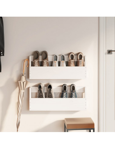 Scarpiere a Parete 2 pz Bianco 59x9x23cm Legno Massello di Pino