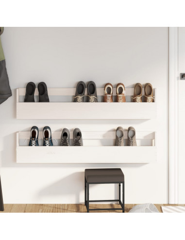 Scarpiere a Parete 2pz Bianco 110x9x23cm Legno Massello di Pino