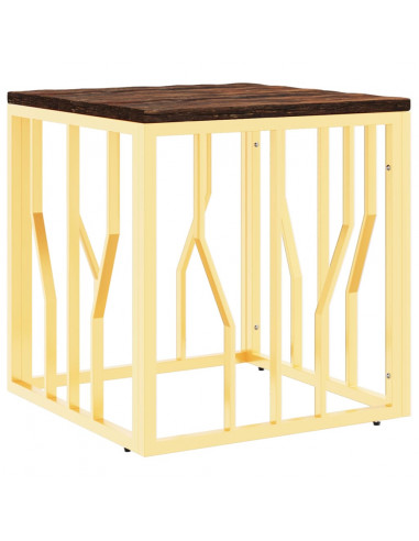 Tavolino Salotto Oro in Acciaio e Legno Massello di Recupero