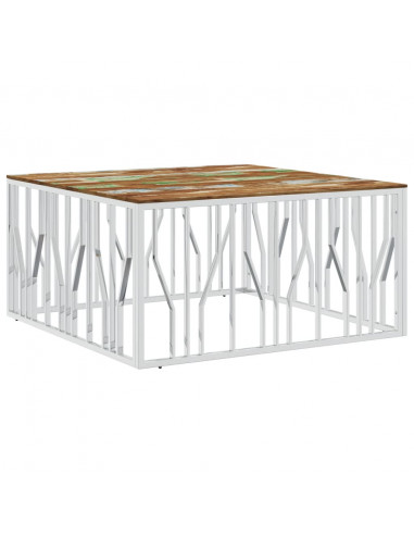 Tavolino Salotto Argento in Acciaio Inox e Legno di Recupero