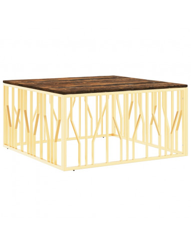 Tavolino Salotto Oro in Acciaio e Legno Massello di Recupero